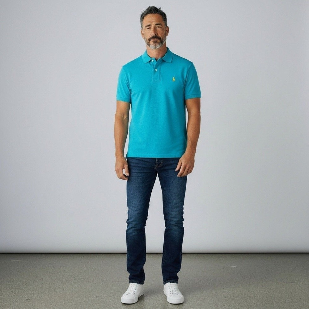 Polo Ralph Lauren Mens Custom Slim Fit Polo Shirt Turquoise Blue Yellow Pony L